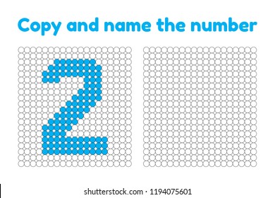 Educational game for attention for children of kindergarten and preschool age. Repeat the picture. Copy and name the number. Color by example. Blue two. 2