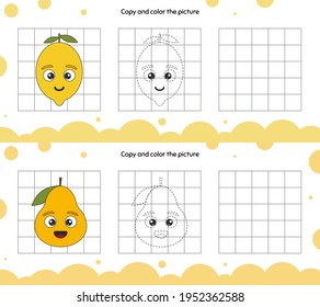 Educational game for attention for children of kindergarten and preschool age. Repeat the illustration. Copy  and color the picture. Fruits. Pear and lemon.