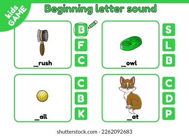 Educational game Beginning letter sound for kids. Read and choose the correct letter. Learning English alphabet. Worksheet for children. Cartoon kitten and cat accessories. Cute vector illustrations.