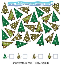 Libro de juegos para niños. Cuenta y escribe. Juego de árboles decorativos de Navidad. Dibujado a mano. Ilustración vectorial coloreada.
