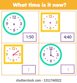 Educational game for chilcren. Draw time on clock. Learning hours and minutes. Teachers material for kids and toddlers.