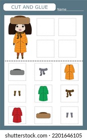 Educational game for a child: choose the clothes the girl is wearing from all the options, cut and glue