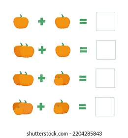 An educational game for children, an additional task by counting and summing pictures with cartoon pumpkins. Vector illustration. Count the number . amount.
