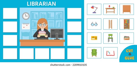 Educational game for children. Educational cards. Professions. Librarian and library equipment. Preschool workbook. Vector illustration