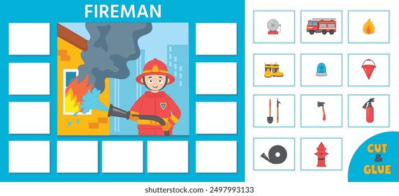 Juego educativo para niños.  Tarjetas educativas. Profesiones. Bomberos y herramientas. Hojas de trabajo para preescolares. Ilustración vectorial