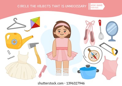 Educational game for children. Cartoon ballerina. Circle the objects that is unnecessary. 