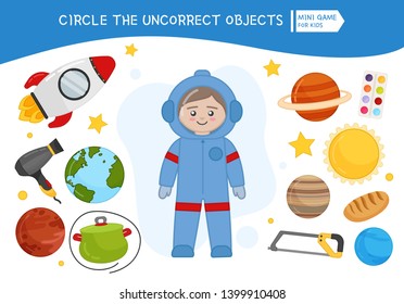 Educational game for children. Cartoon cosmonaut. Circle the objects that is unnecessary. 