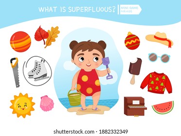 Educational game for children. Cartoon cute girl. Circle the objects that is unnecessary. Summer season.