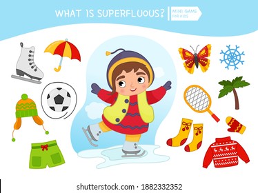 Educational game for children. Cartoon cute girl. Circle the objects that is unnecessary. Winter season.