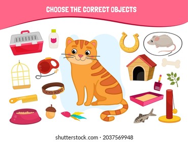 Educational game for children. Cartoon cute cat. Choose the correct objects. 