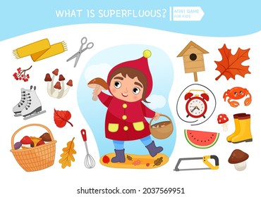 Educational game for children. Cartoon cute girl. Choose the correct objects. Autumn season.