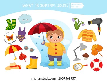 Educational game for children. Cartoon cute boy. Choose the correct objects. Autumn season.