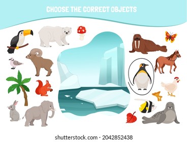 Educational game for children. Cartoon cute animals. Choose the correct objects. Who lives in the arctic.
