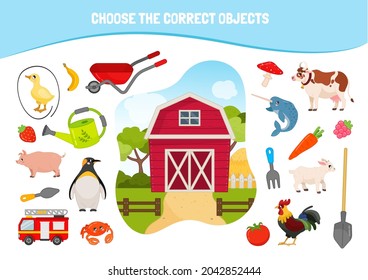 Educational game for children. Cartoon cute animals. Choose the correct objects. Who lives on the farm.
