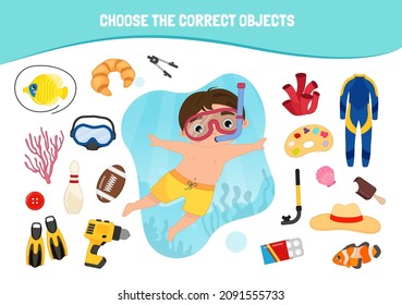 Juego educativo para niños. Caricatura linda chica. Elija los objetos correctos. Un chico lindo nada con tubo y máscara de buceo.
