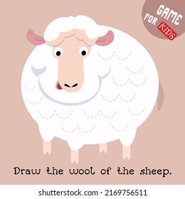 Educational game for children  Cartoon farm animal  Sheep and fluffy curls  Vector illustration  Draw the paths  Handwriting practice 