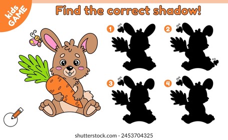 Juego educativo para niños con liebre de dibujos animados sentados. Encuentra la sombra correcta. Conejo feliz sostiene una zanahoria en sus patas. Ilustración vectorial del animal de granja perfecto para los niños libro de actividades de Pascua.