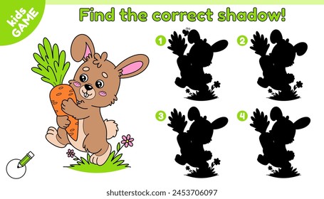 Educational game for children with cartoon hare carrying big carrot. Find the correct shadow. Happy rabbit brings carrot. Vector illustration of the farm animal perfect for kids Easter activity book.