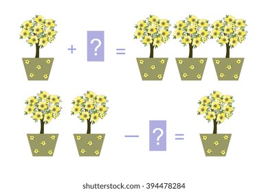 Educational game for children. Cartoon illustration of mathematical addition. Examples with  houseplants.