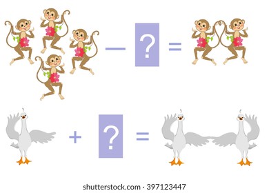 Educational game for children. Cartoon illustration of mathematical addition and subtraction. Examples with cute monkeys and little swans.
