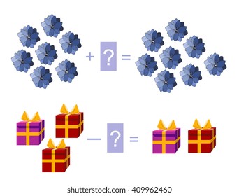 Educational game for children. Cartoon illustration of mathematical addition and subtraction. Examples with cute flowers and gifts. Vector image.