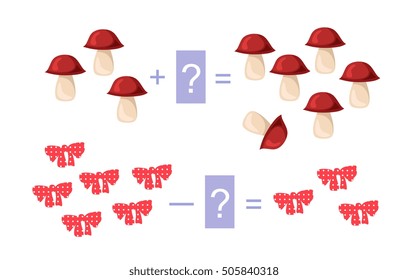 Educational game for children. Cartoon illustration of mathematical addition and subtraction. Vector image. Examples with cute colorful bows and mushrooms.