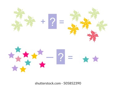 Educational game for children. Cartoon illustration of mathematical addition and subtraction. Vector image. Examples with cute colorful leaves and stars.