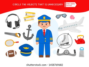 Educational game for children. Cartoon pilot. Circle the objects that is unnecessary. 