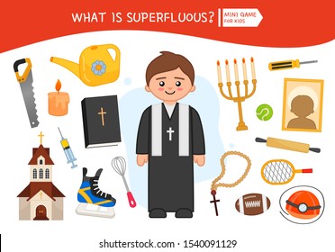 Educational game for children. Cartoon Priest. Circle the objects that is unnecessary. 