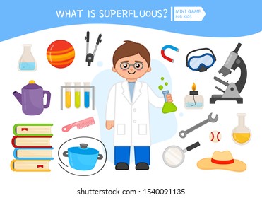Educational game for children. Cartoon scientist. Circle the objects that is unnecessary. 
