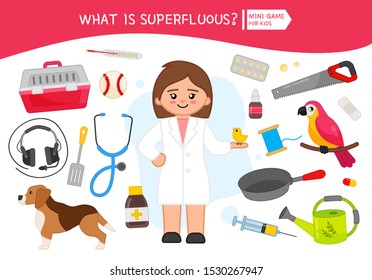 Educational game for children. Cartoon veterinarian. Circle the objects that is unnecessary. 