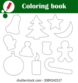 Educational game for children. Christmas coloring book. Items bell, tree, star, moon, mitten, hat, sock, man, Christmas ball, candle, lollipop