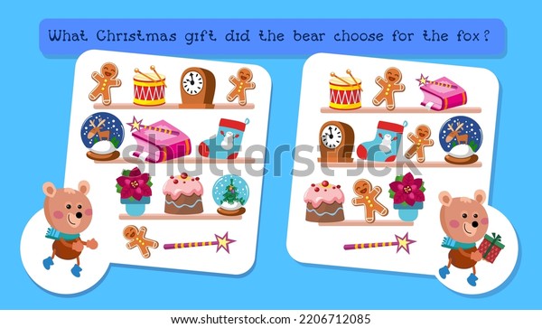 Educational game for
children at Christmas. Find the differences. Activities for
children. Vector
illustration.