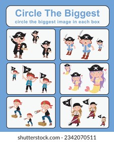 Educational game for children. Circle the biggest object in each box. Printable activity page for kids. Vector file. 