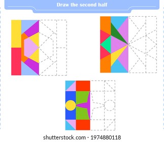 Educational game for children. Circle and color the second part of the shapes.