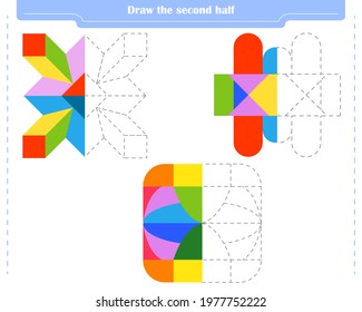 Educational game for children. Circle and color the second part of the shapes.