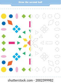 Educational game for children. Circle and color the second part of the shapes.