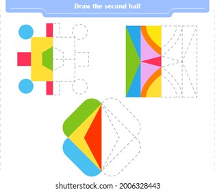 Educational game for children. Circle and color the second part of the shapes.