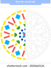Educational game for children. Circle and color the second part of the shapes.