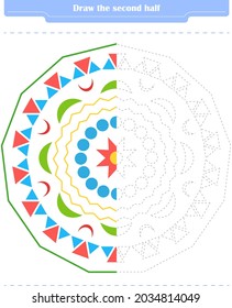 Educational game for children. Circle and color the second part of the shapes.