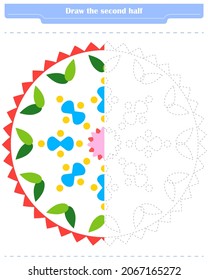  Educational game for children. Circle and color the second part of the shapes.