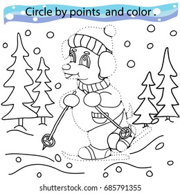 Educational game for children. Circle the points and paint. Winter theme. Black and white vector illustration.
