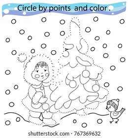Educational game for children. Circle the points and paint. Winter theme. Black and white vector illustration.