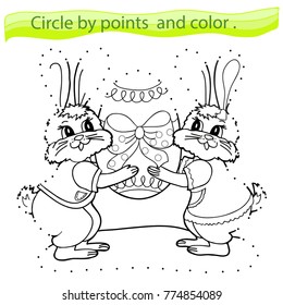 Educational game for children. Circle the points and paint. Hare with Easter egg. Black and white vector illustration.
