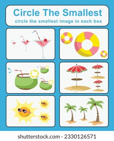 Educational game for children. Circle the smallest object in each box. Printable activity page for kids. Vector illustration file. 