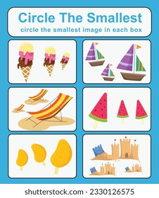 Educational game for children. Circle the smallest object in each box. Printable activity page for kids. Vector illustration file. 