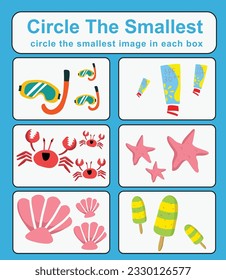 Educational game for children. Circle the smallest object in each box. Printable activity page for kids. Vector illustration file. 