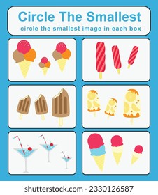 Educational game for children. Circle the smallest object in each box. Printable activity page for kids. Vector illustration file. 