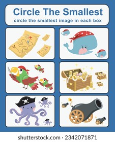 Educational game for children. Circle the smallest object in each box. Printable activity page for kids. Kawaii pirate characters. Vector file. 