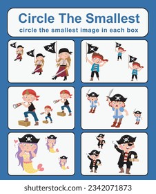 Educational game for children. Circle the smallest object in each box. Printable activity page for kids. Kawaii pirate characters. Vector file. 